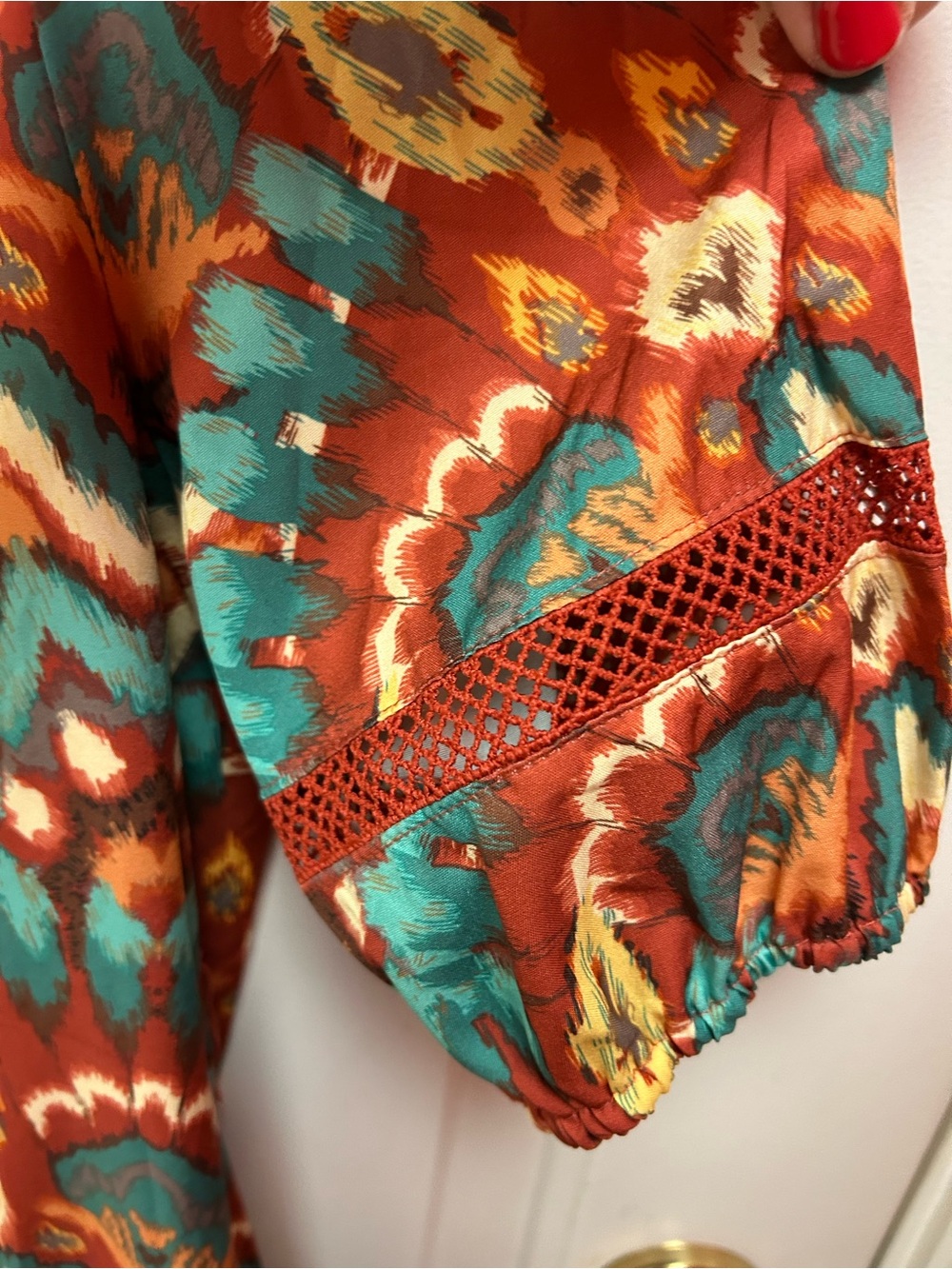 Joy Joy Rust, Teal & Gold Boho Print Mini Dress with Ruffle Hem and Lace Trim - Picture 7 of 14